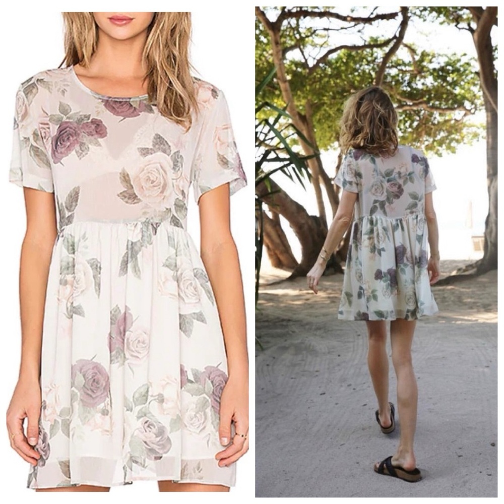 Anine Bing Loose Fit Babydoll Sheer Relaxed Swing Mini Dress Cream Floral S